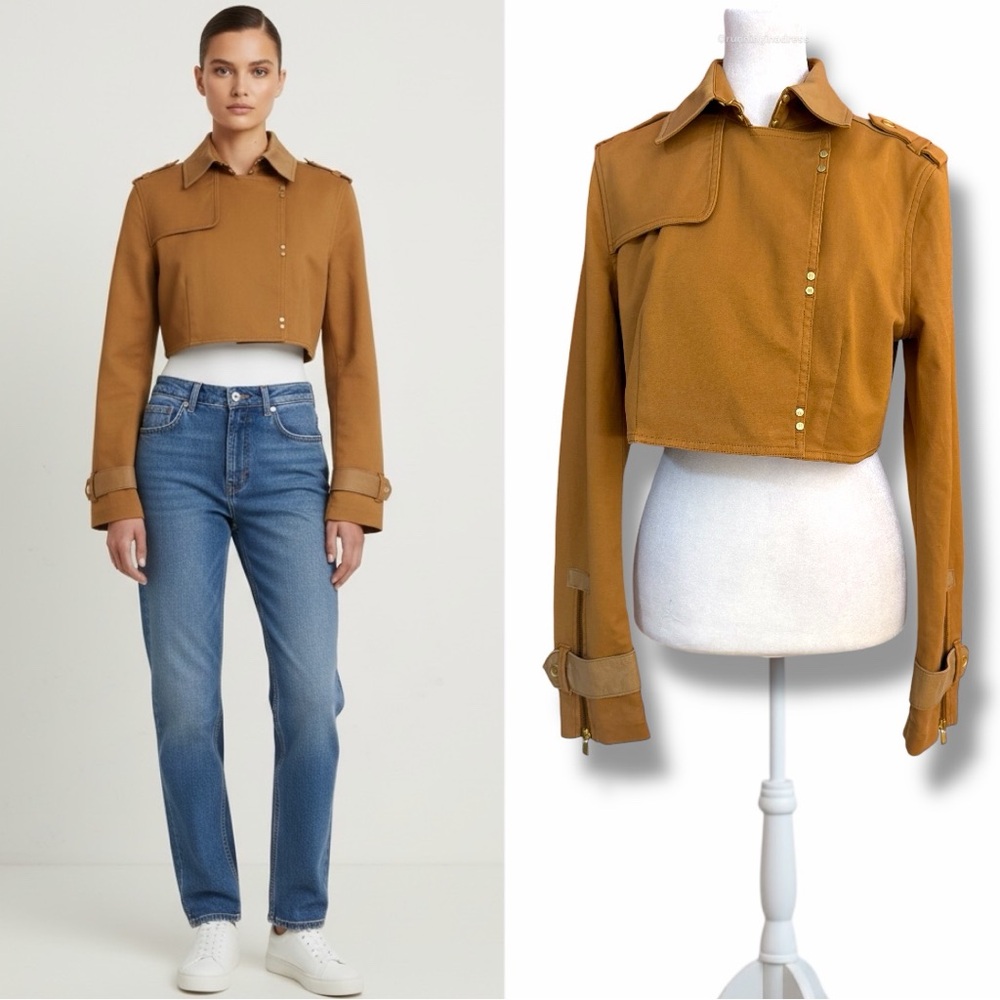 Jordan Louis Cropped Trench Jacket Tan Leather Trim Medium